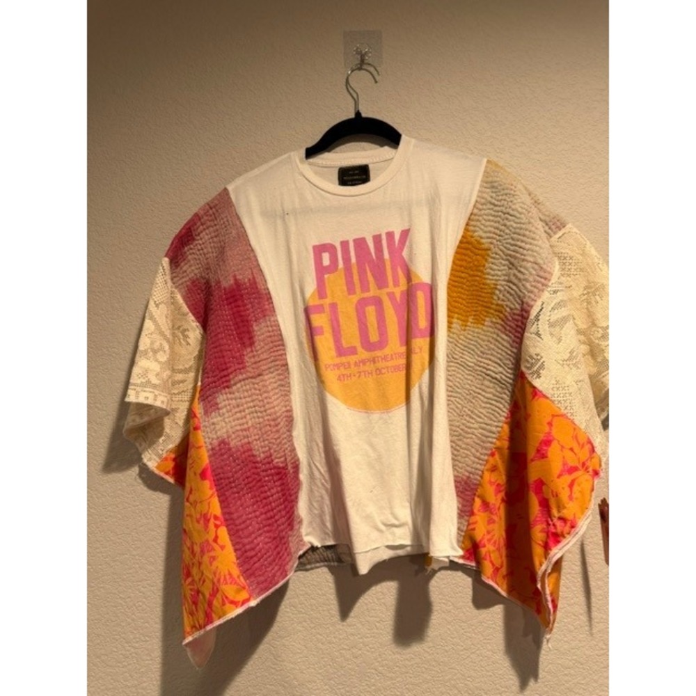 Retro Upcycled Pink Floyd Patchwork Kimono Top Lace Kantha Quilt Graphic Tee O/S